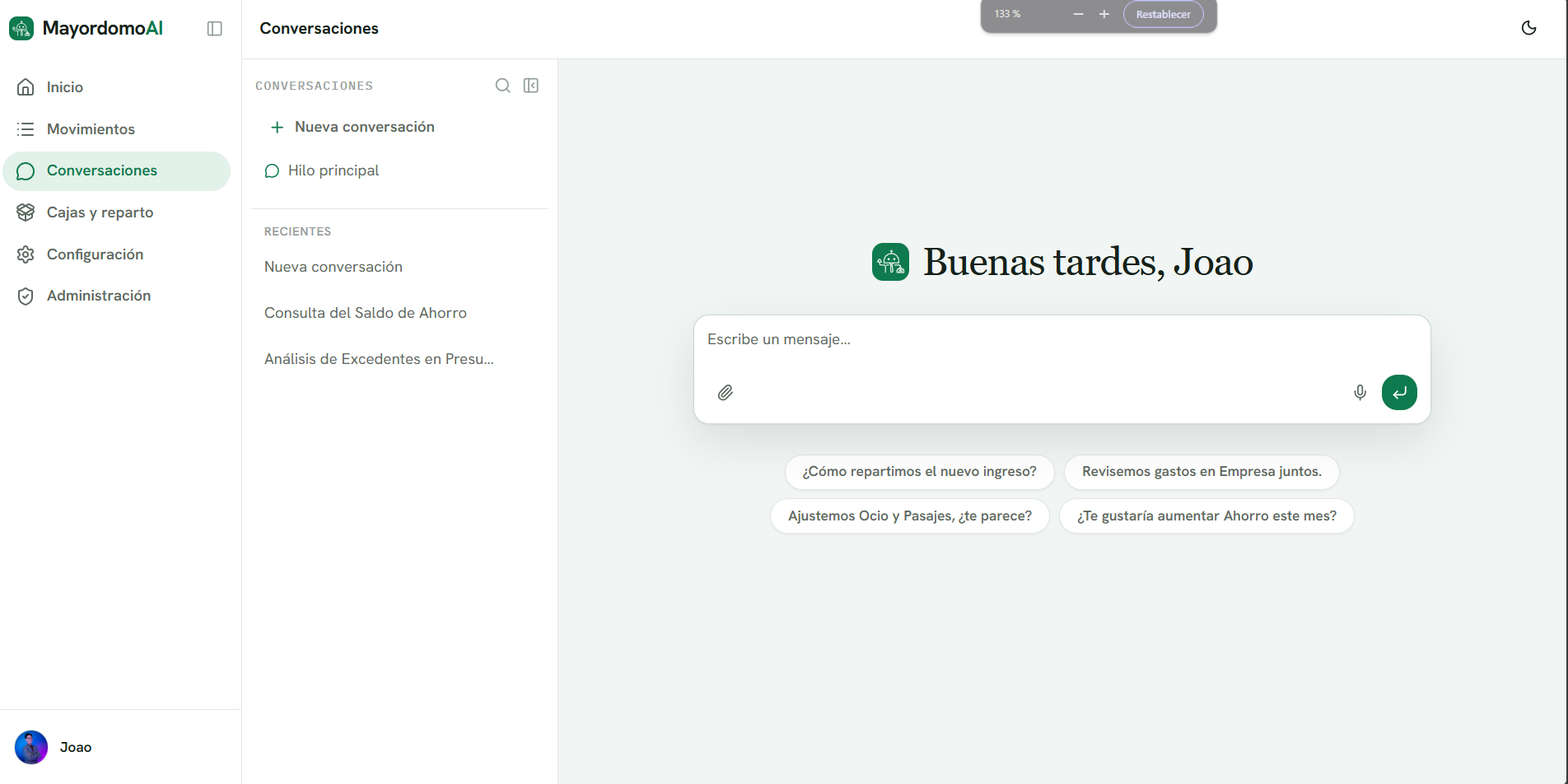 Inicio del agente con sugerencias de conversación